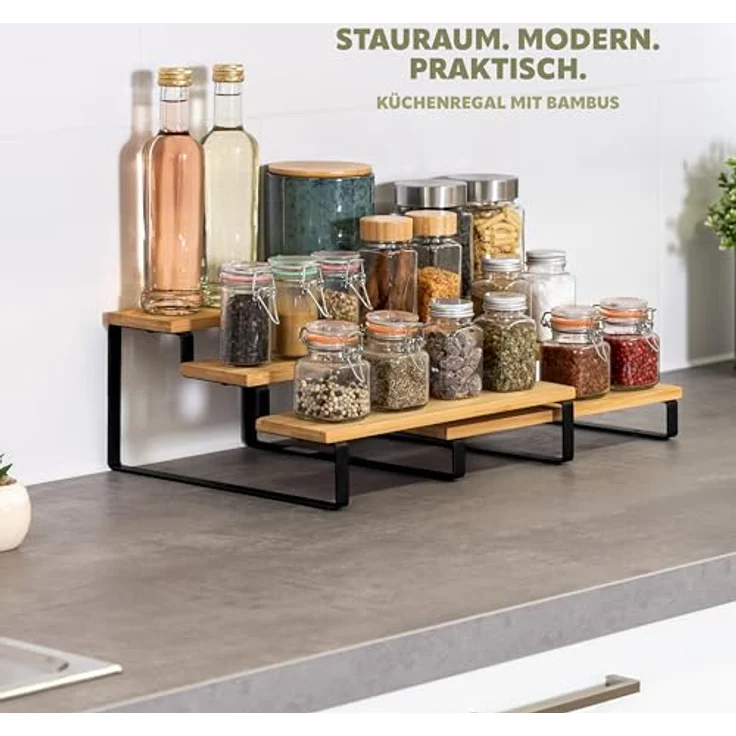 bremermann 3-stufige Gewürzregale 2er-Set, ausziehbare Küchenregale mit Bambusablageböden und Schutzpads am Boden, vielseitig einsetzbar - Modernes Bambusdesign (2er Set Schwarz) – Bild 4