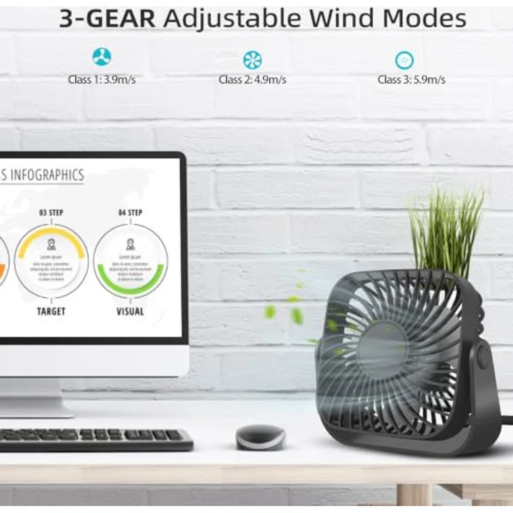 Jsdoin USB-Ventilator, 360° drehbarer Schreibtisch-Lüfter mit 3 Geschwindigkeiten, leise, tiefschwarz – Bild 5