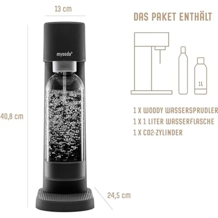Mysoda Woody Wassersprudler, inkl. 1 Liter PET-Flasche, 60L CO2-Zylinder, schwarz – Bild 2