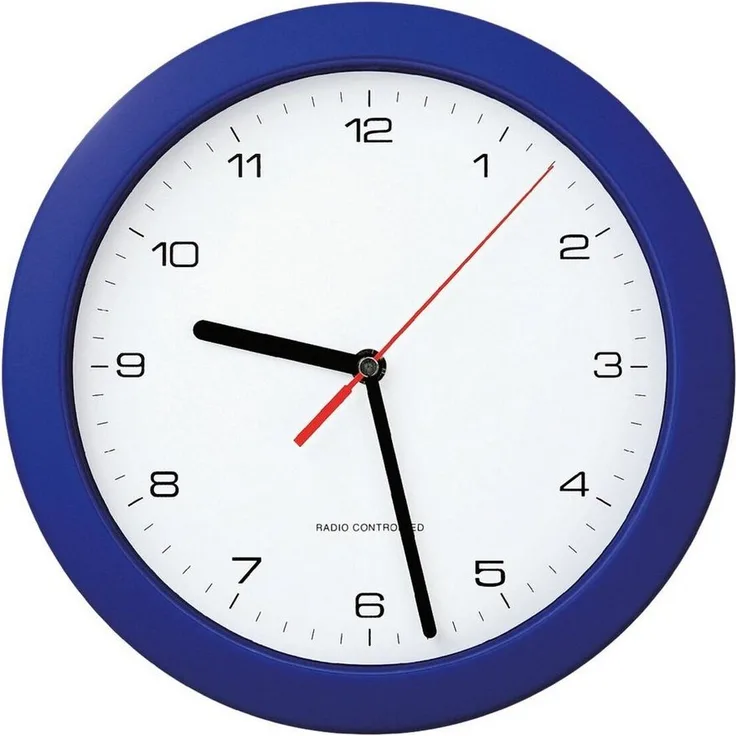 Peweta Funkwanduhr 51.001.216, Ø 25 cm mit breitem blauen Rand und weißem Zifferblatt, DCF77 Zeitsignalsender