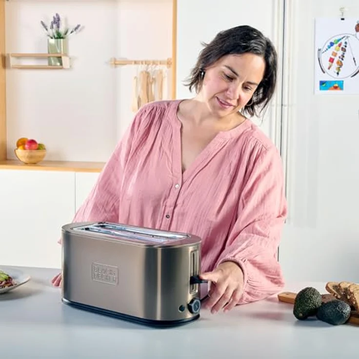 BLACK+DECKER Extra großer Toaster 1500 W | 260 x 42 mm Schlitze | 7 Bräunungsstufen | 6 Glühende Glimmerbänder | Auftauen, Aufwärmen und Abbrechen | Klappbarer Backständer, Silber – Bild 4
