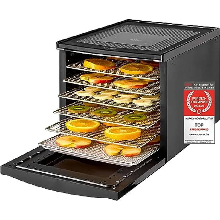TZS First Austria Dörrautomat | Dörrgerät für Obst, Kräuter, Pilze und Fleisch | digital mit 24h-Timer und Temperaturregler 35-70°C | 6 Etagen, Dörrtablets aus Edelstahl, Dörrapparat mit Zeitschaltuhr