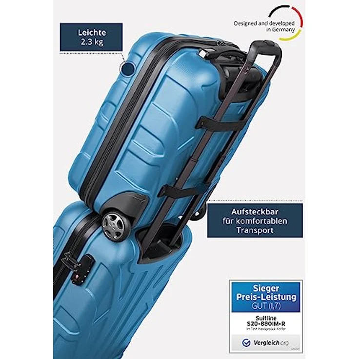 suitline Kleiner Koffer 45x36x20 cm, Easyjet Freigepäck Underseat Handgepäck, Bordgepäck Trolley 30 Liter, leicht, ABS Hartschale, Cyanblau – Bild 3