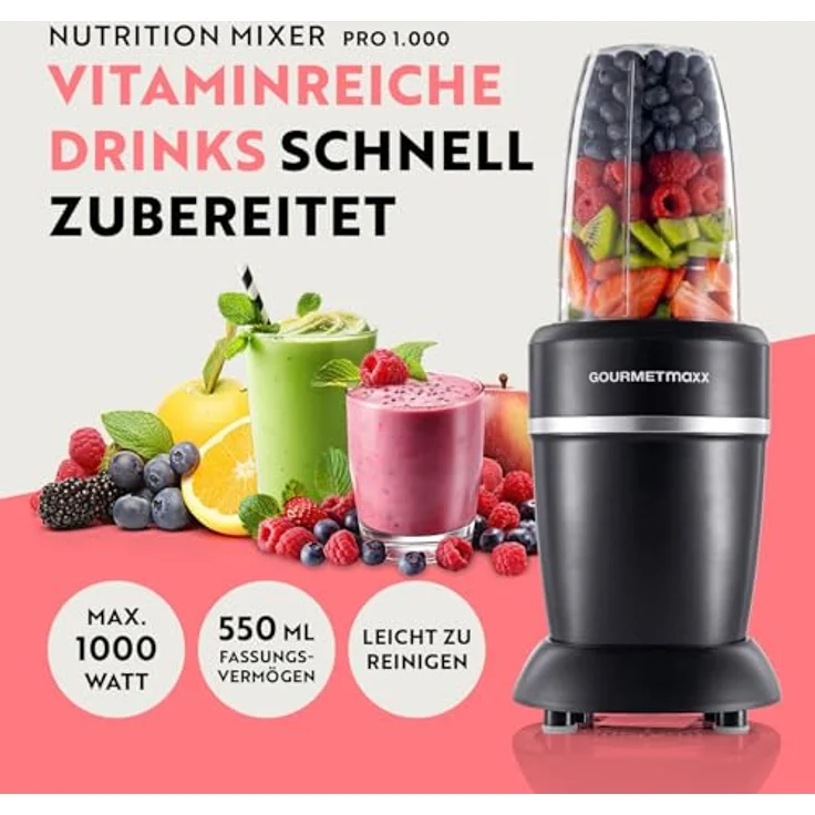 GOURMETmaxx Nutrition Mixer Pro 1.000, Standmixer mit 6-fach Edelstahl-Präzisionsklinge, 1000 Watt, 550 ml Becher und To-go-Deckel – Bild 2