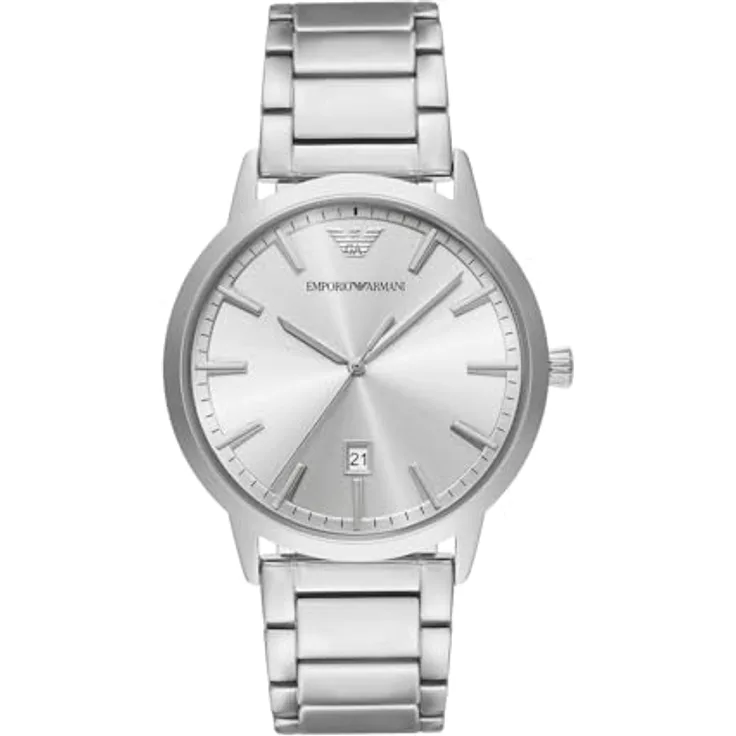 Emporio Armani AR11730, Herren 43 mm Silberton Edelstahl Uhr mit weißem Sunray Zifferblatt, 3 ATM Wasserbeständigkeit
