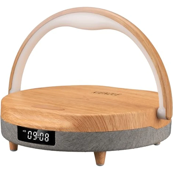 Kienzle LED-Wecker mit Bluetooth Lautsprecher, kabellose Ladestation 10 W, dimmbare LED-Leuchte, Holz-Design, 2 Weckzeiten – Bild 4