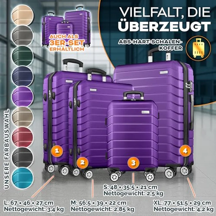 tillvex® Reisekoffer Set 4-TLG. Hartschalenkoffer S-M-L-XL mit Gepäckwaage, 8 Koffergurten, 4 Kofferanhängern, TSA Schloss, lila – Bild 5