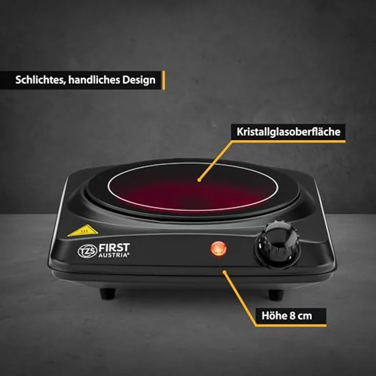 TZS First Austria Infrarot Keramik-Herdplatte | ALLE Topfarten | Einzelkochplatte 17,5cm | Kochfeld für Umzug, Camping, Ferienwohnung - schnelles Aufheizen & stufenlose Einstellung - Kontrollleuchte – Bild 4