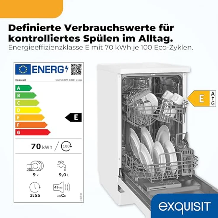 Exquisit Geschirrspüler GSP59309-030E, weiß | 7 Spülprogramme, EEK E, Besteckkorb, abklappbarer Tellerhalter, LED-Display – Bild 3