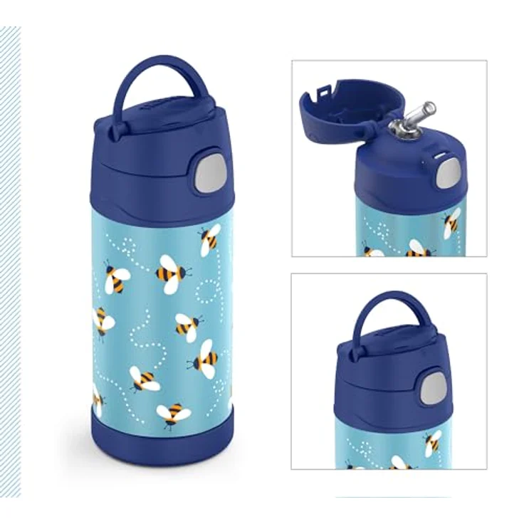THERMOS kids FUNTAINER STRAW BOTTLE 0,35l, Edelstahlflasche mit Strohhalm, 12 Stunden kalt, absolut dicht, für Schule und Kindergarten, Design: Bienen – Bild 3
