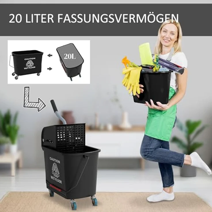 HOMCOM Putzeimer 20L, Wischwagen mit Auswringer und 2 Kammern, rollbar, Schwarz – Bild 3