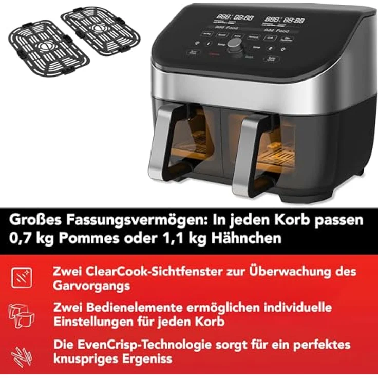 Instant Vortex Plus Doppelkorb mit ClearCook - 7.6L Digitale Heißluftfritteuse, Edelstahl, 8-in-1 Smarte Programme - Fritieren, Backen,Braten, Grillen, Dehydrieren, Aufwärmen, XL Kapazität -1700W – Bild 3