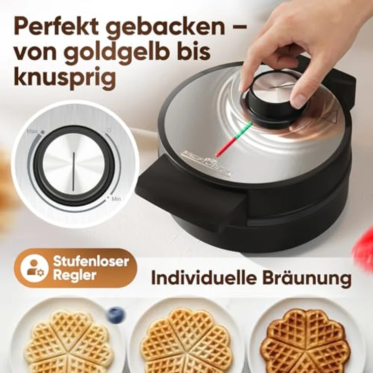 ProfiCook Waffeleisen PC-WA 1314, Herzform mit Antihaftbeschichtung, 1200W, stufenlos einstellbare Bräunungsgrade, edelstahl, wärmeisolierter Griff – Bild 5