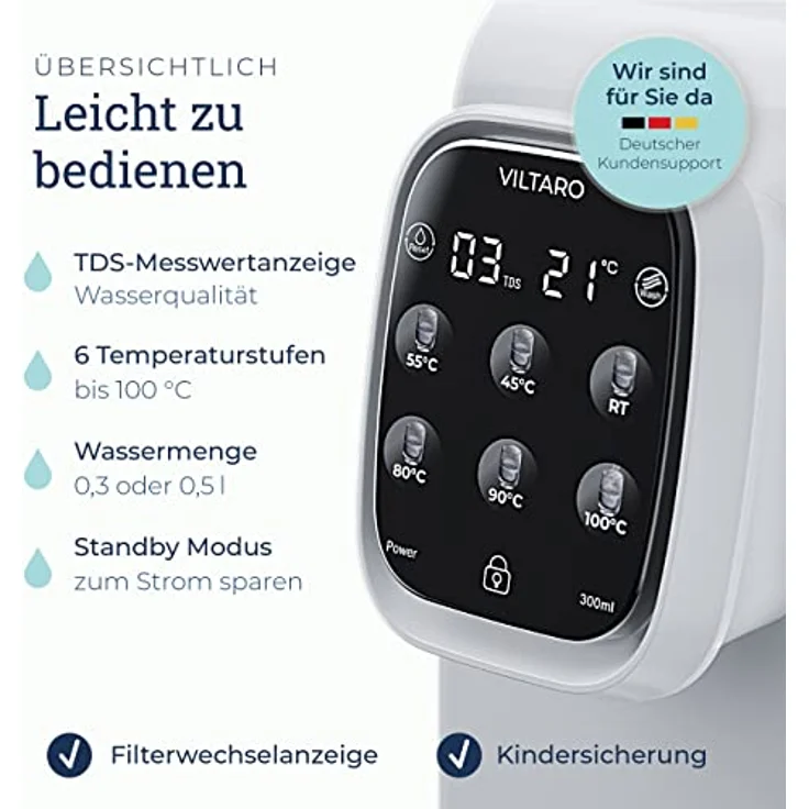 VILTARO Osmoseanlage Trinkwasser weiß, 5-stufiges Filtersystem, 6 Temperaturstufen, mobil | Umkehrosmoseanlage | Kalkfilter | Trinkwasserfilter – Bild 3