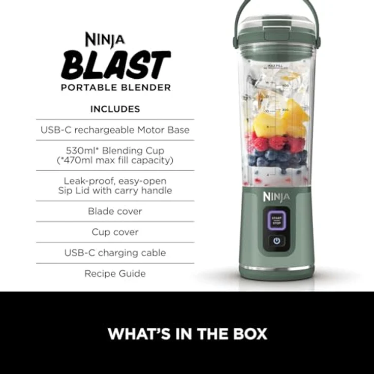 Ninja Blast BC151UKEM, Grün, Tragbarer Mixer, 530 ml, auslaufsicherer Deckel und Trinkauslauf, leistungsstarker kabelloser Mini-Mixer, wiederaufladbar, tragbare Smoothies, Protein-Shakes, mischt Eis und – Bild 2