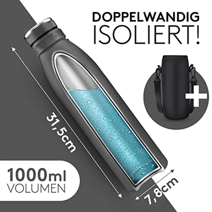 Vezato Trinkflasche Edelstahl - BPA-freie Isolierflasche 1 Liter - Auslaufsichere Wasserflasche mit doppelter Isolierung - Thermosflasche spülmaschinenfest - Für Kohlensäure geeignet - Nachhaltig – Bild 2