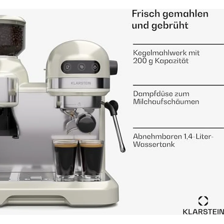 Klarstein Bella Café Siebträgermaschine Mit Mahlwerk – 19 Bar, 1550 W, 1,4 L, Milchaufschäumer, 2 Tassen, Thermo Block, Creme, Rostfreier Stahl – Bild 2