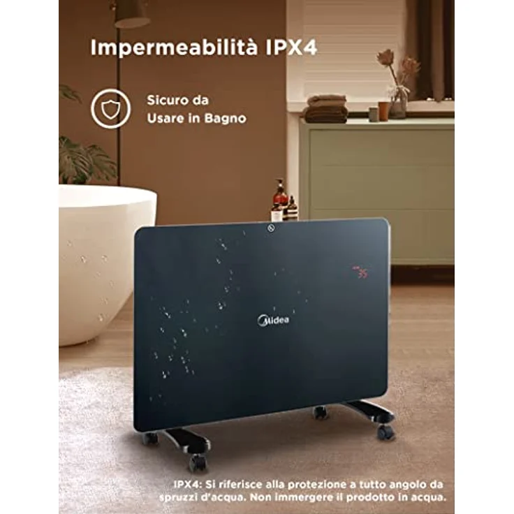Midea NDK15-15 MRE Elektroheizung, geringer Verbrauch, Konvektor, Glas, 1500 W, warmes Badezimmer, wasserdicht, IPX4 mit Rollen, tragbar, Wand-Konvektor mit Thermostat, Timer 24 h, Schwarz – Bild 3
