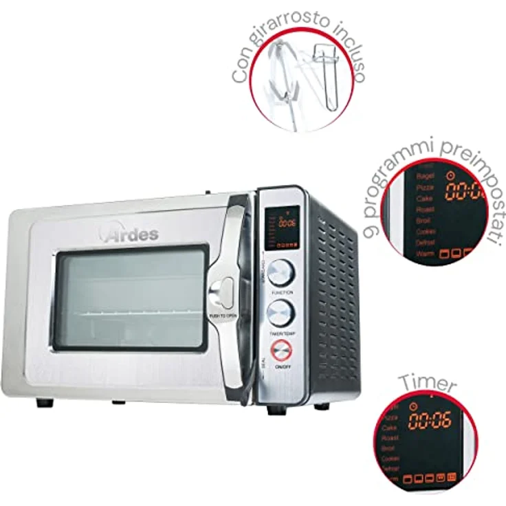 Ardes Dampfbackofen 30 Liter Elektrischer Dampf-Kleinbackofen mit 9 Garprogrammen Timer doppeltes Glas mit Zubehör CARLOMAGNO AR6430PR, Multifunktional mit LED-Digitalanzeige, 9 Garmodi, Breite 51 cm x Tiefe 39 cm x Höhe 33 cm, in Schwarz – Bild 2