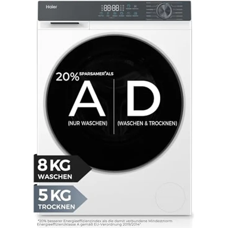 Haier Waschtrockner HWD80-BP14637T, 8 kg Waschen, 5 kg Trocknen, 1400 U/min, Smart AI Automatikprogramm, Weiß