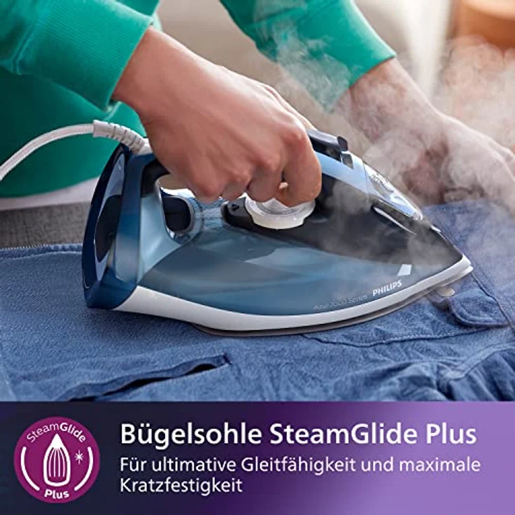 Philips Azur 7000 Serie Dampfbügeleisen - 2800 W, 50 g/min Dauerdampf, 250 g Dampfstoß, Vertikaldampf, SteamGlide Plus-Sohle, Louros/Baumwollblau (DST7020/20) – Bild 4