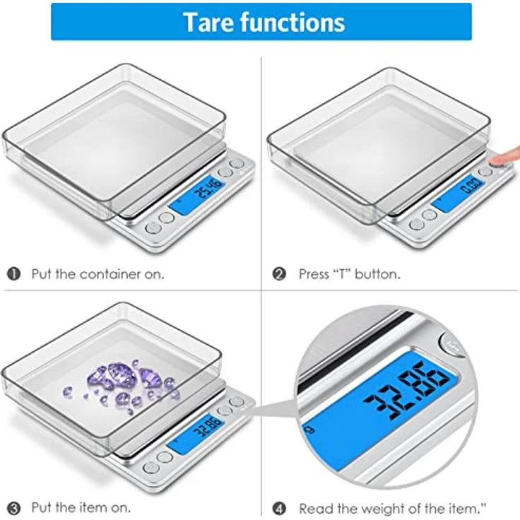 Brifit Feinwaage, Digitalwaage 500g mit 100g Edelstahl Kalibriergewicht, PCS-Funktion, Tara-Funktion, 6 Einheiten Konvertierung, Auto-Off, Silber – Bild 4