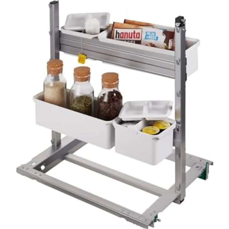 Kesseböhmer YouboXx-Set 3 Organisationssystem für Apothekerauszug, 6 Boxen (1,0 L und 2,1 L) mit weißen Deckeln und Trennteiler, silbergraue Trägerschienen – Bild 2