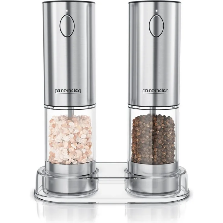 Arendo Elektrische Salz-/Pfeffermühle & Pfeffermühle, Edelstahl, stufenlos einstellbar, Keramikmahlwerk, LED-Beleuchtung, aufladbar, USB-C, 2er Set