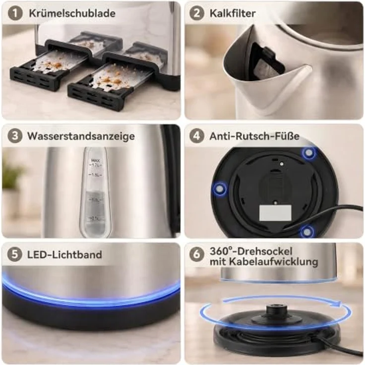HOMCOM Wasserkocher und Toaster Set, 1,7 l Schnellkoch-Wasserkocher und 4-Scheiben-Toaster, Silber – Bild 8