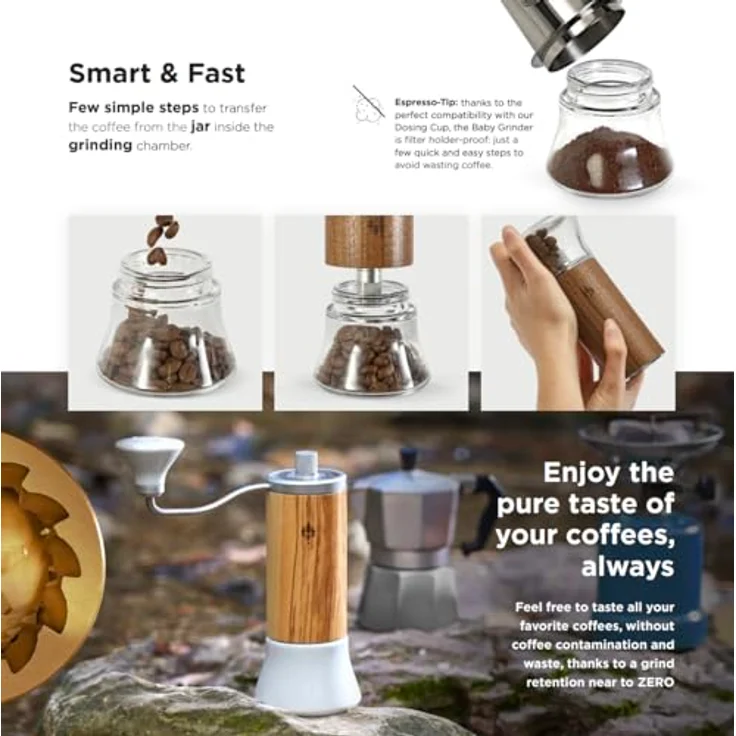 Eureka Baby Kaffeemühle, manuelle Espressomühle mit 48 mm konischen Graten und präziser Mahlgradeinstellung, Nuss/Glas – Bild 4