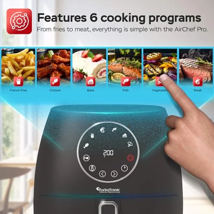 TurboTronic By Z-LINE Heißluftfritteuse 3,5L NEU mit Silikoneinlage Airfyer für 0,3 kg Pommes Power 75-200°C 1300 W, 6 Programme Heissluftfritteuse Easy Air Fryer Braten Rösten, in schwarz – Bild 3