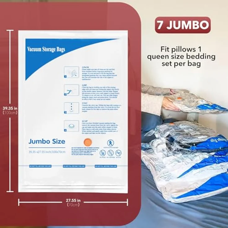 MEIQIHOME 7er Set Jumbo Vakuumbeutel, wiederverwendbare, platzsparende Aufbewahrungsbeutel für Kleidung & Bettwäsche, 100 x 70 cm, reißfest und luftdicht – Bild 4