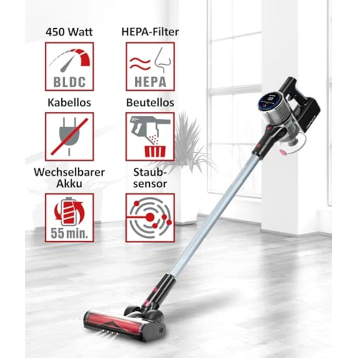 Genius Invictus X9 Facelift Staubsauger Kabellos 12-TLG., Akku Staubsauger bis zu 55 Min Laufzeit Teppich Tierharre Auto Hartböden, HEPA Filter, LED, Wandhalterung,180° Gelenkkopf, Display Touchpad – Bild 3