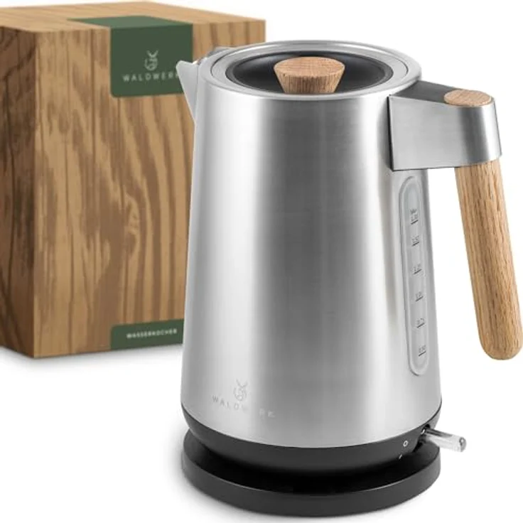 WALDWERK Design Wasserkocher - 3000 Watt - 1,7L - Edelstahl mit Eichenholz Griffen - Rostfreier 304 Edelstahl – Bild 1