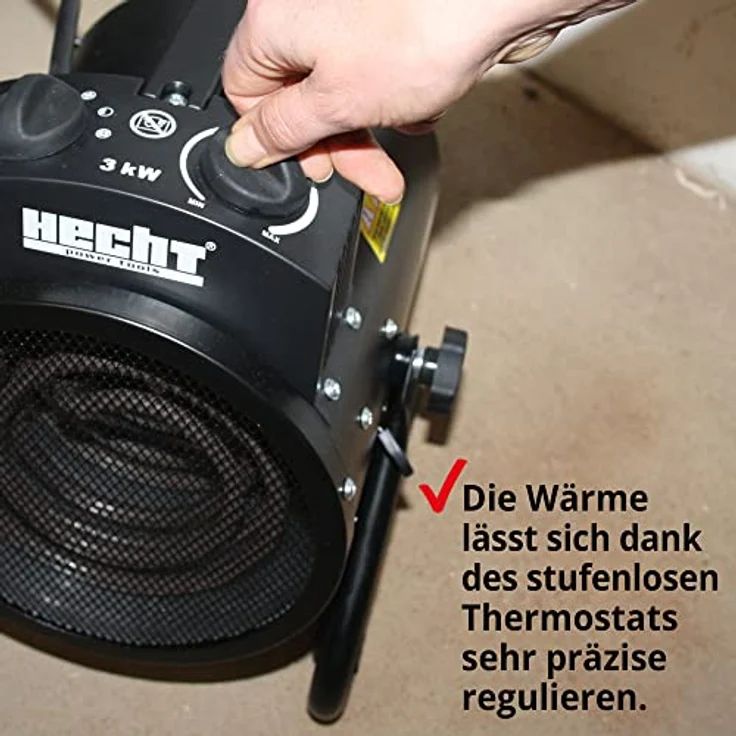 HECHT Heizlüfter 3000 Watt, mobile Elektro-Heizung mit 3 Leistungsstufen, Thermostat und Überhitzungsschutz für Baustellen, Garagen und Wohnräume – Bild 3