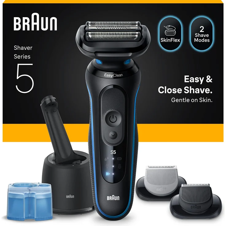 Braun Series 5, Elektrorasierer mit Folientechnologie, Wasserfest, inkl. Bart- und Körpertrimmeraufsätze, Schnellladefunktion, Automatische Spannungsanpassung