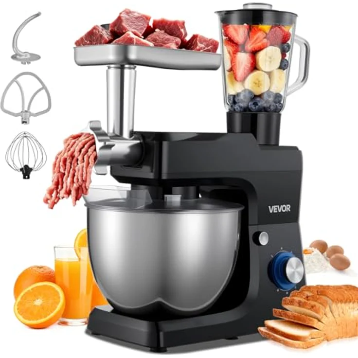 VEVOR Elektrische Küchenmaschine 1500 W, 7,8 L Edelstahlschüssel, 6+P Geschwindigkeiten, inkl. Knethaken, Schneebesen und Rührbesen, schwarz – Bild 1