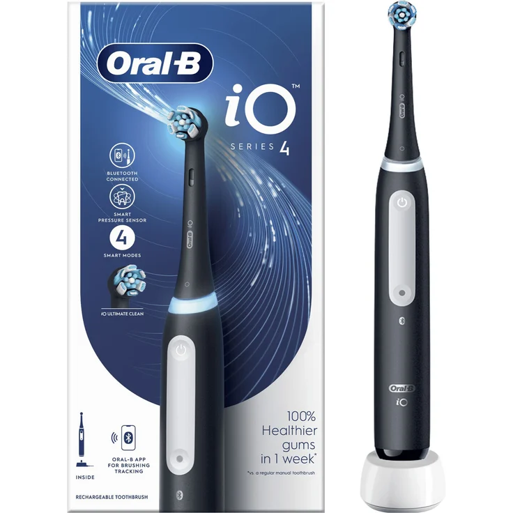 Braun Oral-B IO Series 4 Zahnbürste schwarz, mit iO-Magnettechnologie, Drucksensor und 4 Reinigungsmodi