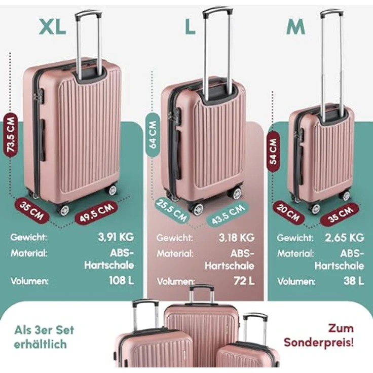 Easy Move ABS Hartschalenkoffer [ERGONOMISCH & SICHER] - Großer Trolley Koffer mit 360° Rädern, Zahlen Schloss - reisekoffer groß, hartschalenkoffer, Luggage (Rose Gold, L) – Bild 5