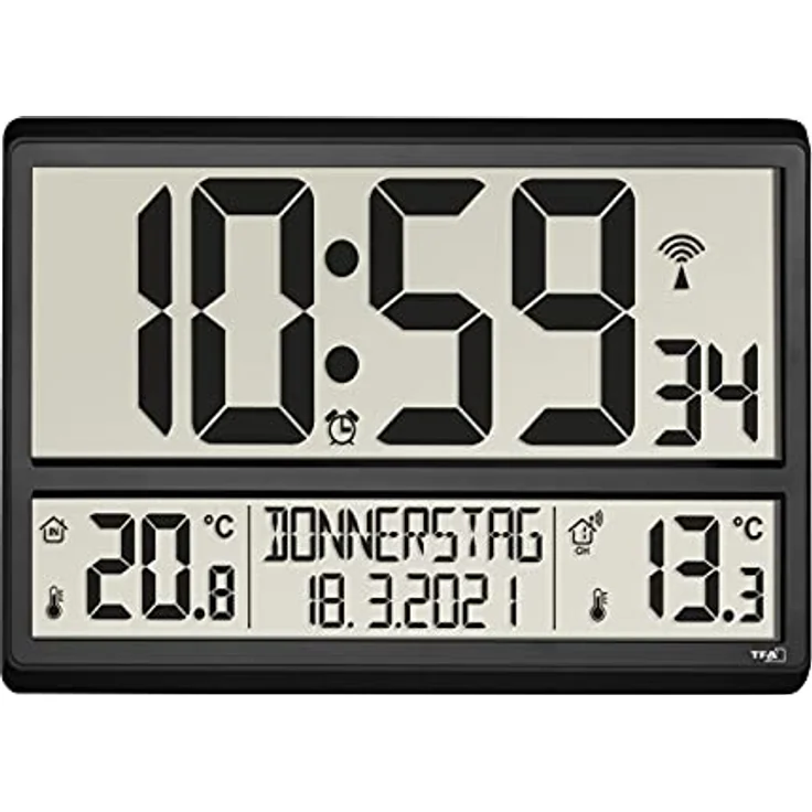TFA Dostmann Digitale XL Wanduhr, 60.4521.01, mit Außentemperatur, Innentemperatur, Wochentag (8 Sprachen), Funkuhr, Datum, schwarz, (L) 360 x (B) 235 x (H) 28 (84) mm – Bild 2
