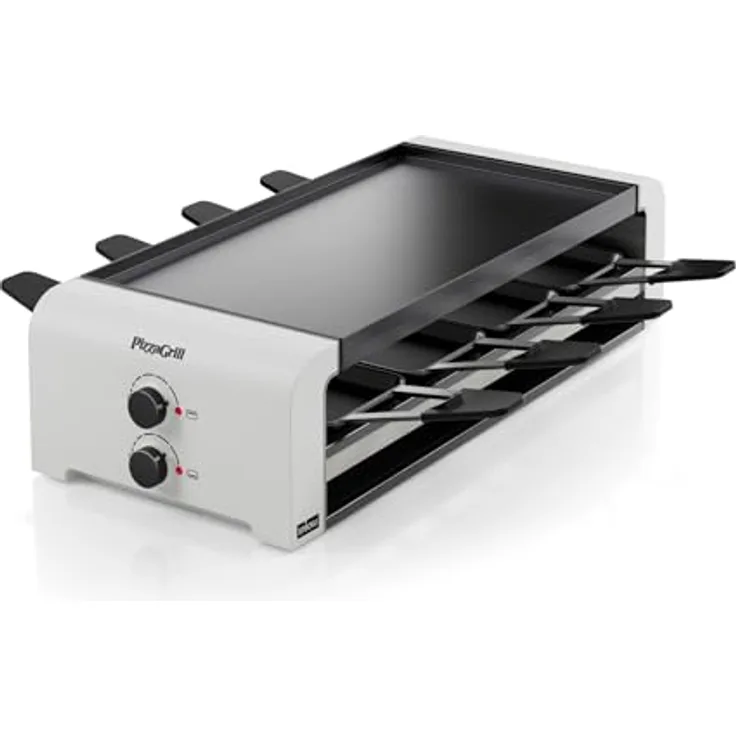 Stöckli Raclette PizzaGrill 8 White, Tischgrill für bis zu 8 Personen mit Ober- und Unterhitze-Reglern, inkl. 8 antihaftbeschichteten Pfännchen und Wende-Grillplatte