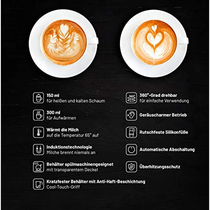 Lauben Milk Frother 550BC Milchaufschäumer Elektrisch 150ml/300ml, Automatische Milchschäumer für Kaffee Cappucino Latte, 500W, Spülmaschinengeeignet, Edestahl Milchaufschäumer, Erhitzen bis 65° – Bild 4