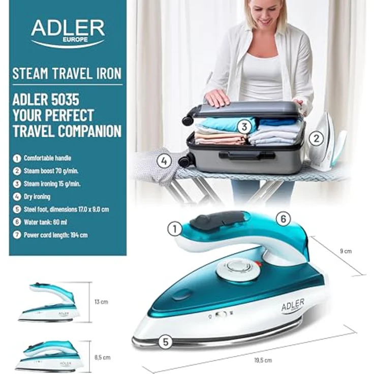 ADLER EUROPE Reisebügeleisen Mini 1700W, Kompakt mit klappbarem Griff, 70g Dampfstoss, Edelstahlsohle, 60ml Wassertank, 1,94 m Kabel – Bild 4