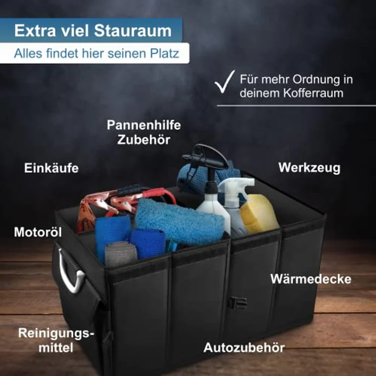 osoltus Kofferraumtasche 60x35x30cm, Organizer mit 3 großen Fächern und flexiblen Zwischenwänden, schwarz – Bild 2