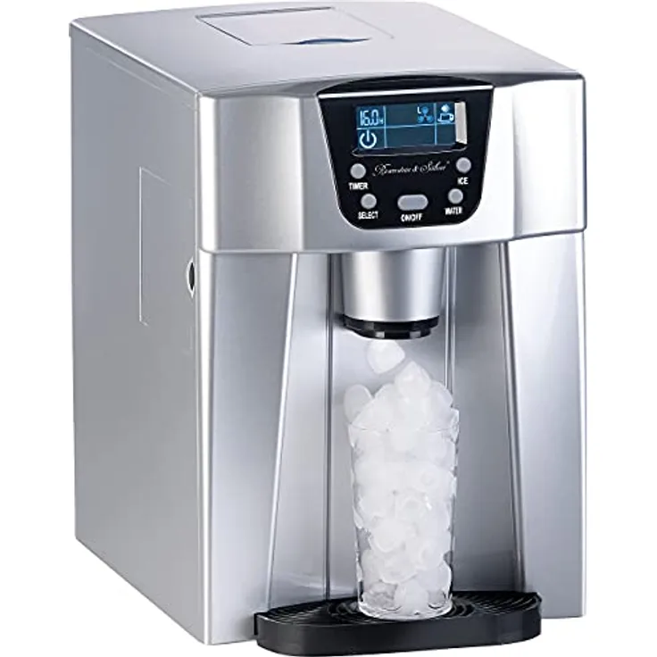 Rosenstein & Söhne Eiswürfelbereiter: Premium-Eiswürfelmaschine mit Eiswürfel- & Kaltwasserspender, 2 Liter (eckige Eiswürfel, LCD-Display, Timer-Funktion)