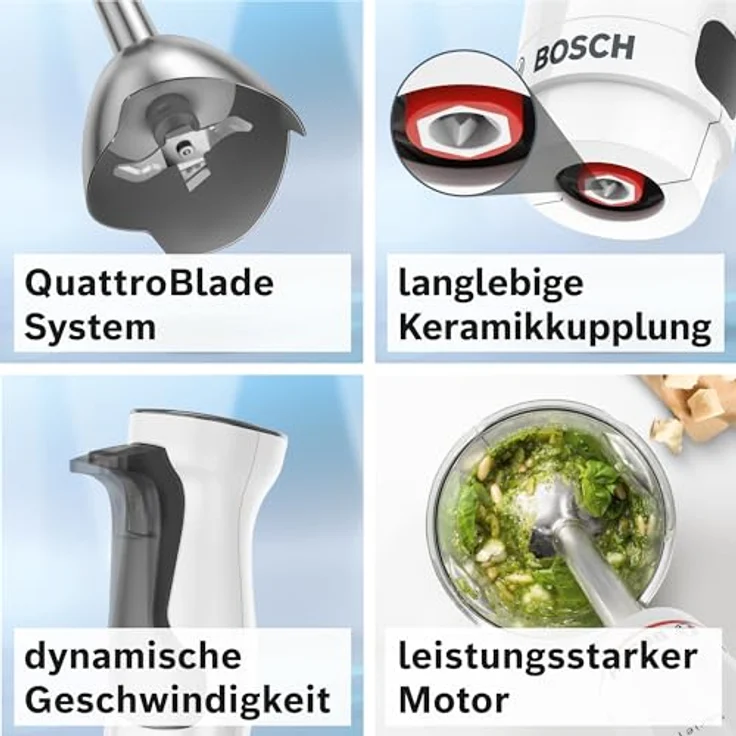 Bosch Stabmixer ErgoMaster Serie 4 MSM4W210, einhändig bedienbar, Edelstahl-Klingen, verschleißfreie Keramik-Kupplung, Mixbecher, QuattroBlade, AntiSplash Funktion, Einschaltsperre, 600 W, weiß – Bild 3