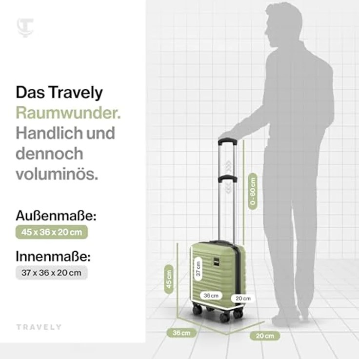 Travely Premium Handgepäck Koffer 45x36x20cm, 32L leicht mit sanften Rollen, passend für Ryanair und Lufthansa, Nachtschwarz – Bild 4
