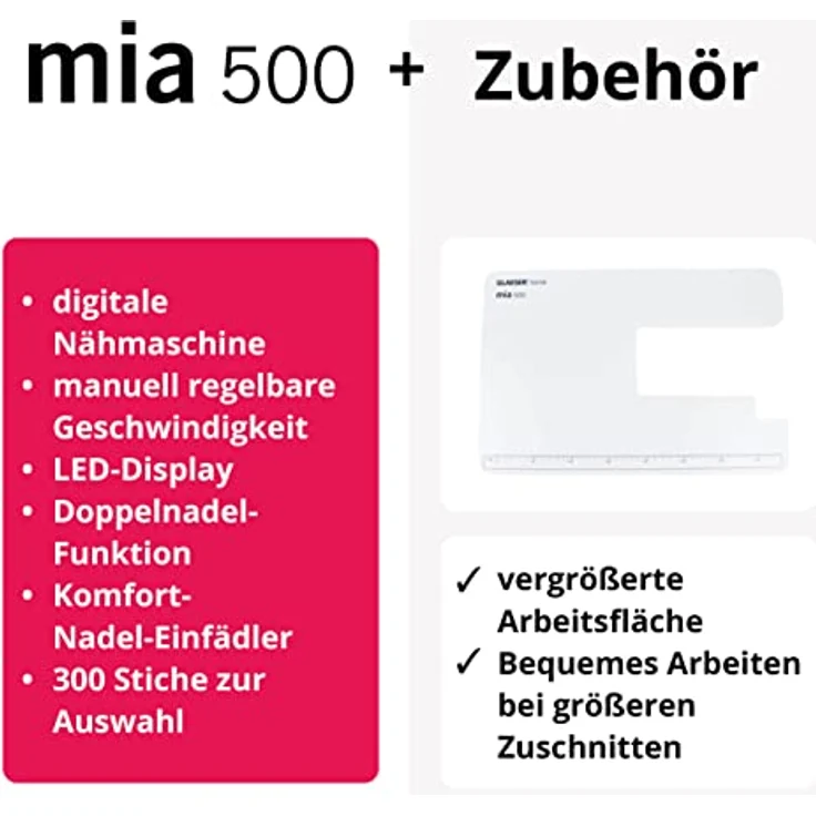 GLAESERhome Pro-Bundle, Nähmaschinen-Set mit mia 500 und ol 50 Overlock, 300 Stich-Varianten, Anschiebetisch – Bild 5