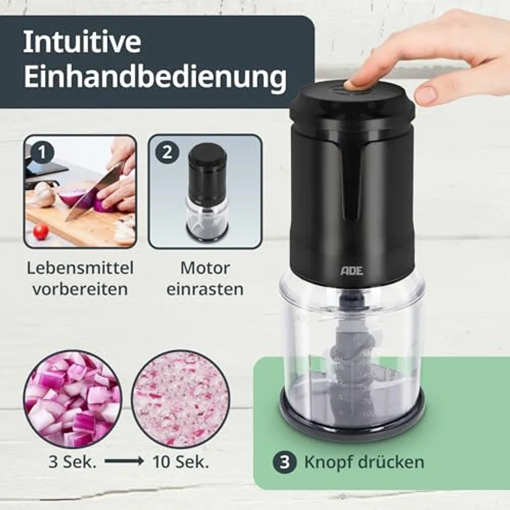 ADE Elektrischer Zerkleinerer, Gemüse- und Zwiebelschneider mit 400 W, 4 Edelstahlklingen, 500 ml, kompakt und benutzerfreundlich – Bild 5