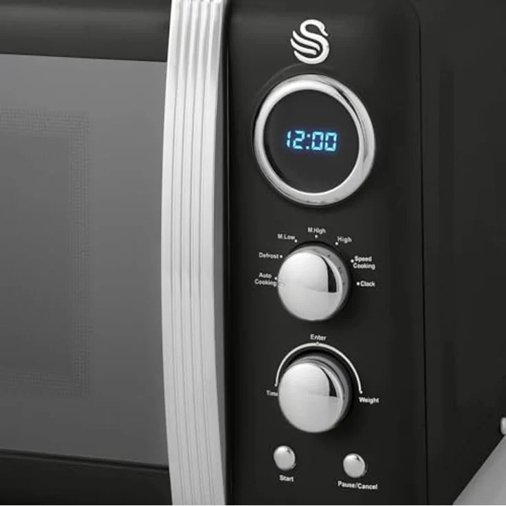 Swan SM22030LBNEU Retro Mikrowelle 20L, 800 Watt, 5 Leistungsstufen, Auftaufunktion, Timer, schwarz – Bild 5